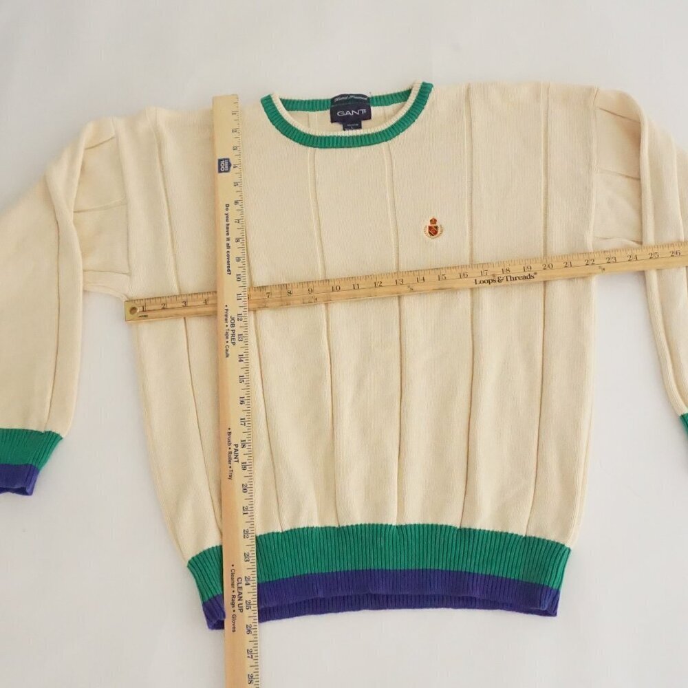 Gant Cream Cotton Ribbed Knit Sweater Green Trim Preppy Collegiate Old Money L - Picture 3 of 9